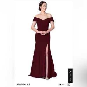 Azazie Alice Dress in Cabernet - size 8. Off shoulder trumpet with slit